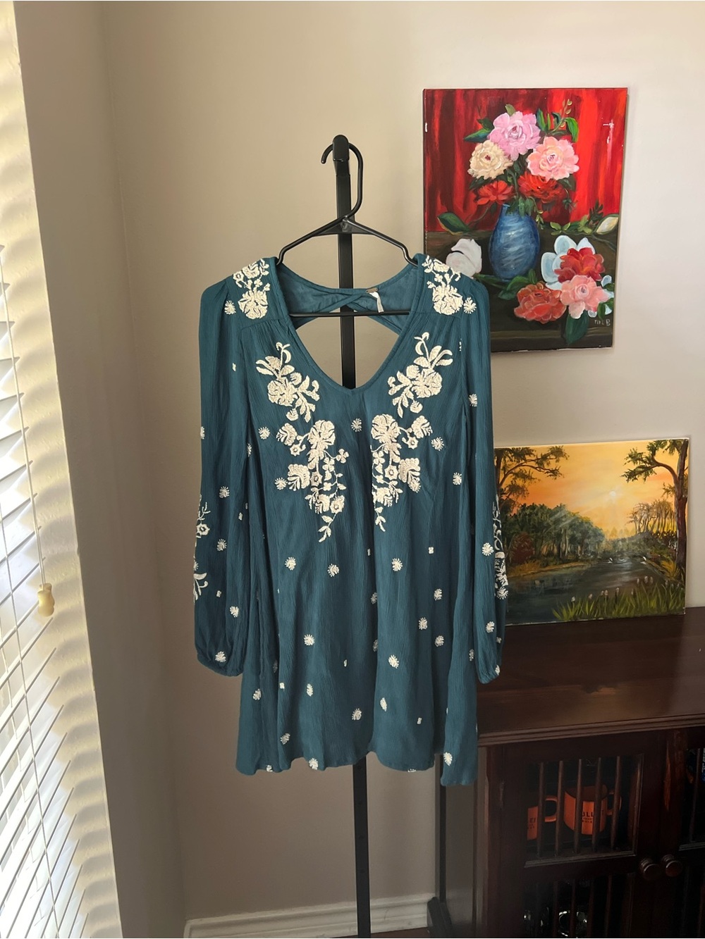 Free People sweet Tennessee Teal Embroidered tunic mini dress